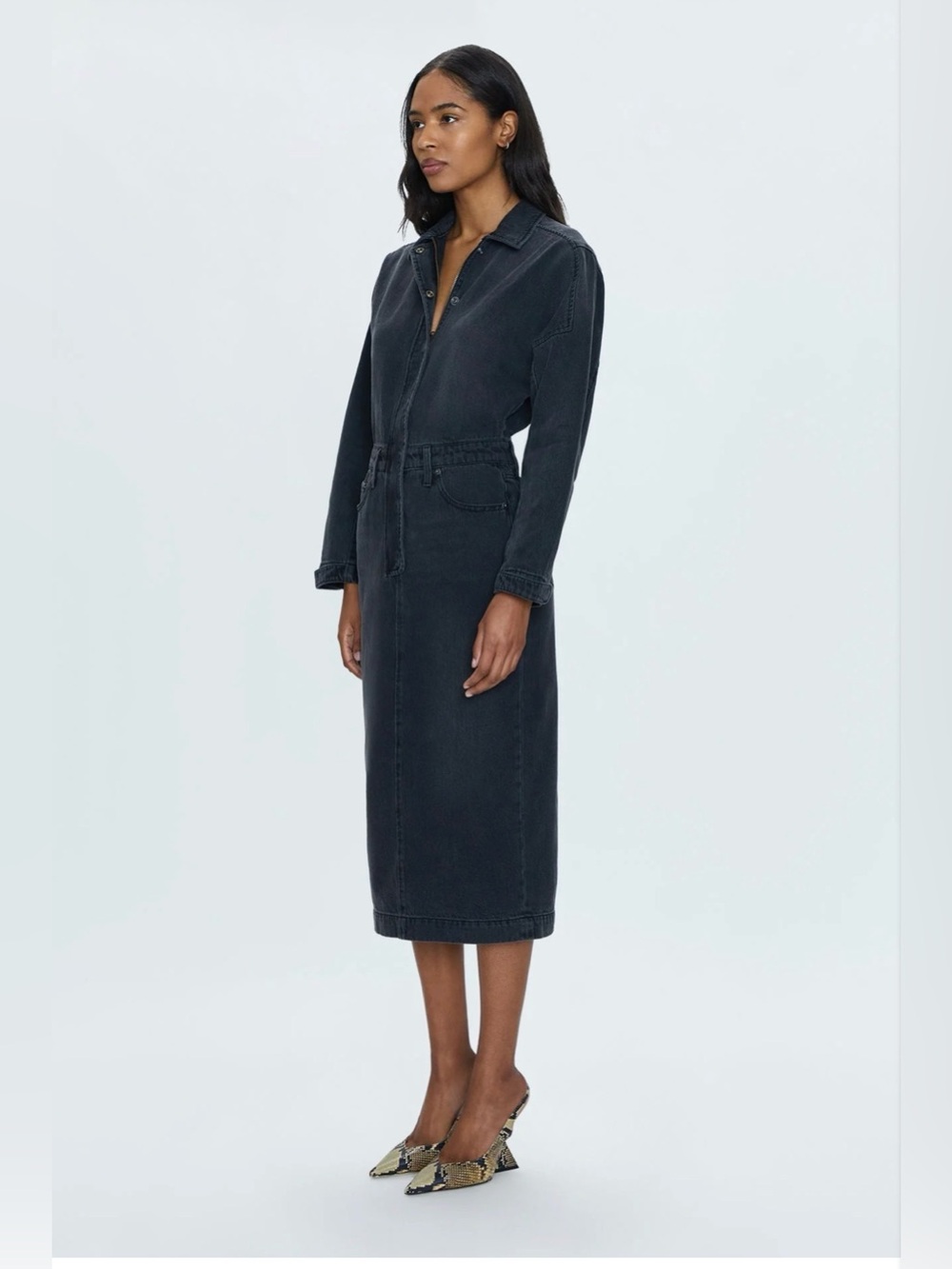 pistola Washed Black Long-Sleeve Midi Shirt Dress